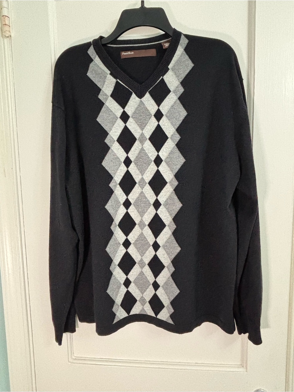 Perry Ellis Black V-Neck Sweater with Gray Argyle Panel